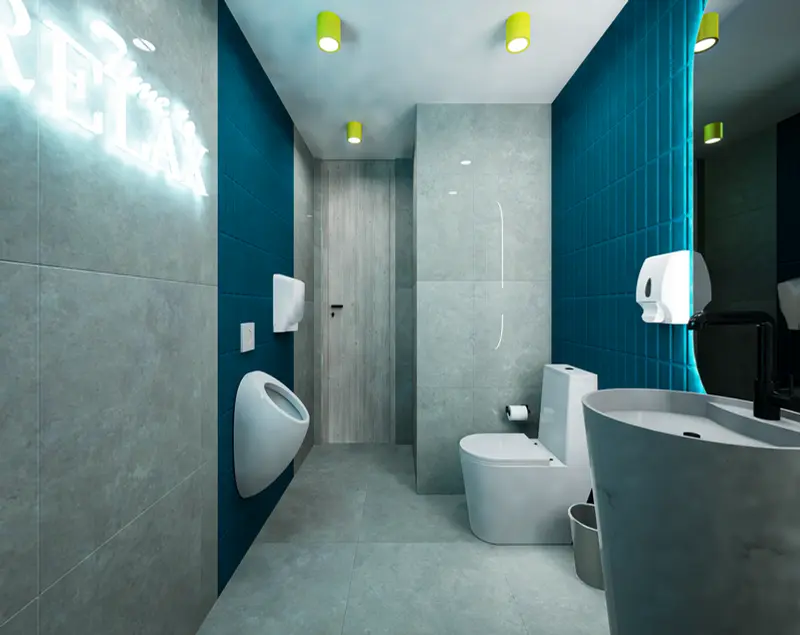 Render: baños. Oficinas con zona recreativa en Bogotá, Decord Design