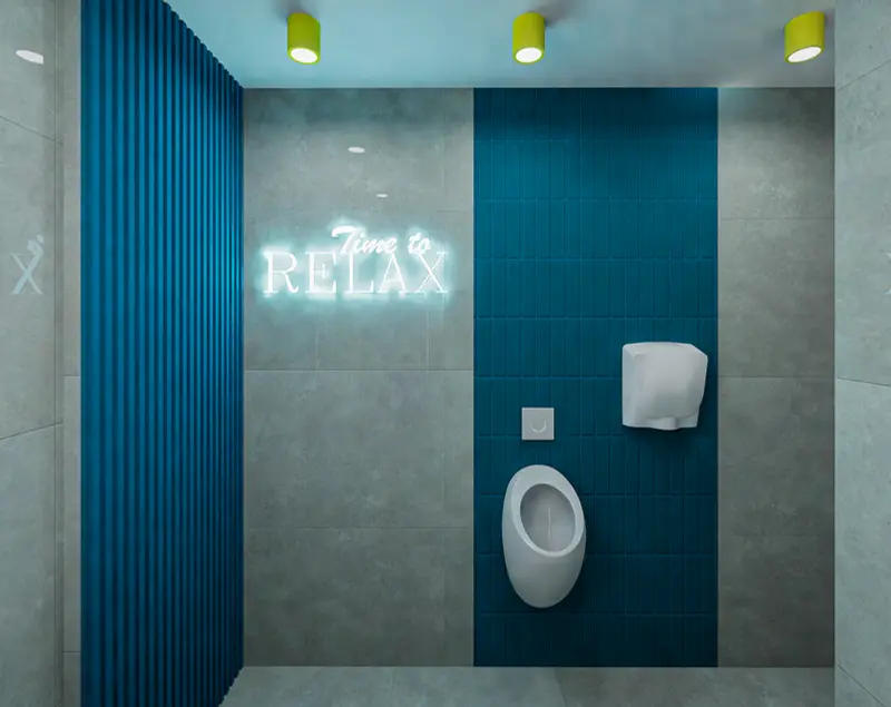 Render: baños. Oficinas con zona recreativa en Bogotá, Decord Design