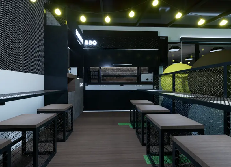 Render: zona recreativa con cancha sintética. Oficinas con zona recreativa en Bogotá, Decord Design
