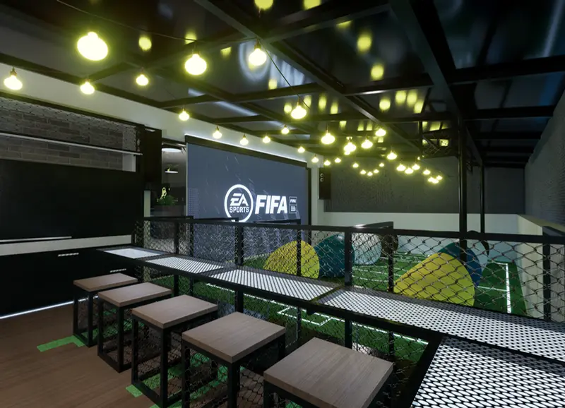 Render: zona recreativa con cancha sintética. Oficinas con zona recreativa en Bogotá, Decord Design