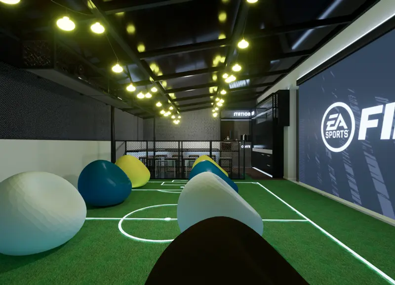 Render: zona recreativa con cancha sintética. Oficinas con zona recreativa en Bogotá, Decord Design