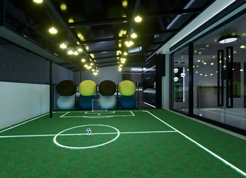 Render: zona recreativa con cancha sintética. Oficinas con zona recreativa en Bogotá, Decord Design