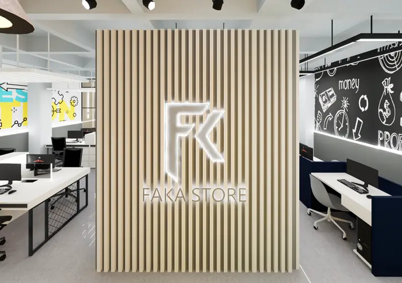 Render: recepción con logo. Oficinas creativas en Bogotá, Decord Design