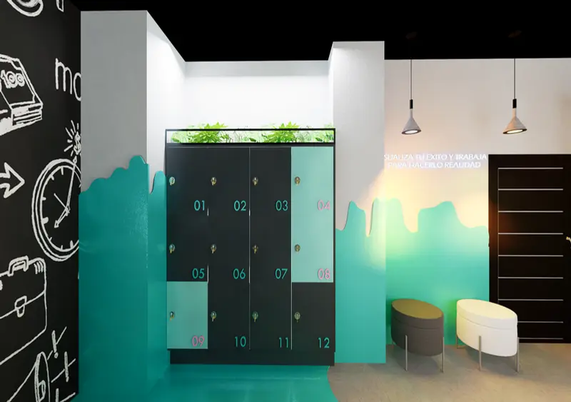 Render: recepción con logo. Oficinas creativas en Bogotá, Decord Design