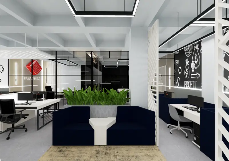 Render: zona de trabajo y cocineta. Oficinas creativas en Bogotá, Decord Design
