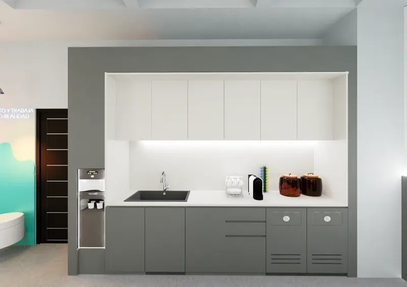 Render: zona de trabajo y cocineta. Oficinas creativas en Bogotá, Decord Design