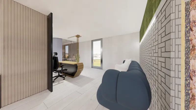 Render: recepción y lounge. Oficinas corporativas en Barranquilla, Decord Design