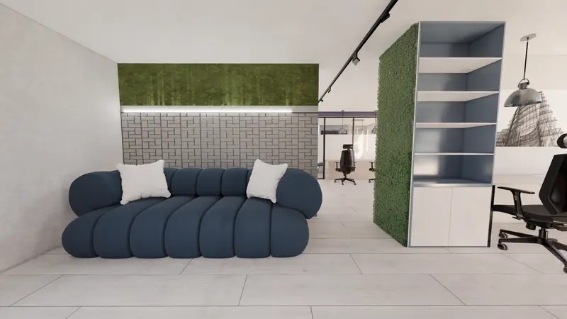 Render: recepción y lounge. Oficinas corporativas en Barranquilla, Decord Design